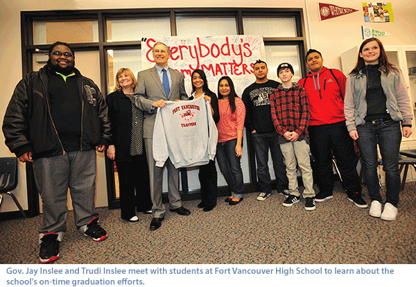 Photo: Gov. Jay Inslee and Trudi Inslee meet with students at Fort Vancouver High School 