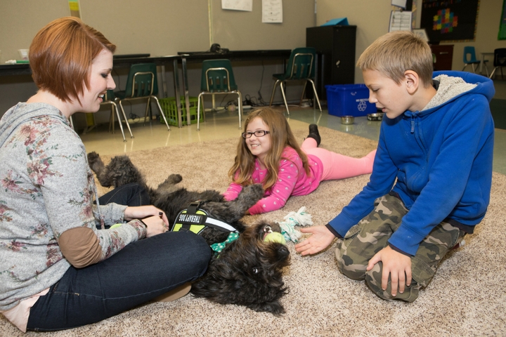 therapy dog, Hough Elementary, interacting with students