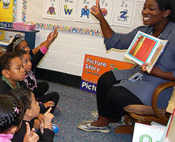 Teacher reading to a group of kindergarten students