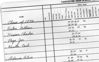 A grade book page from Vancouver High School, Class of 1896.