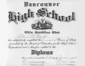 Albert Marble diploma from Vancouver High School in 1913.