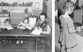 Students and teacher Vivian Pinson in the school's grocery store.