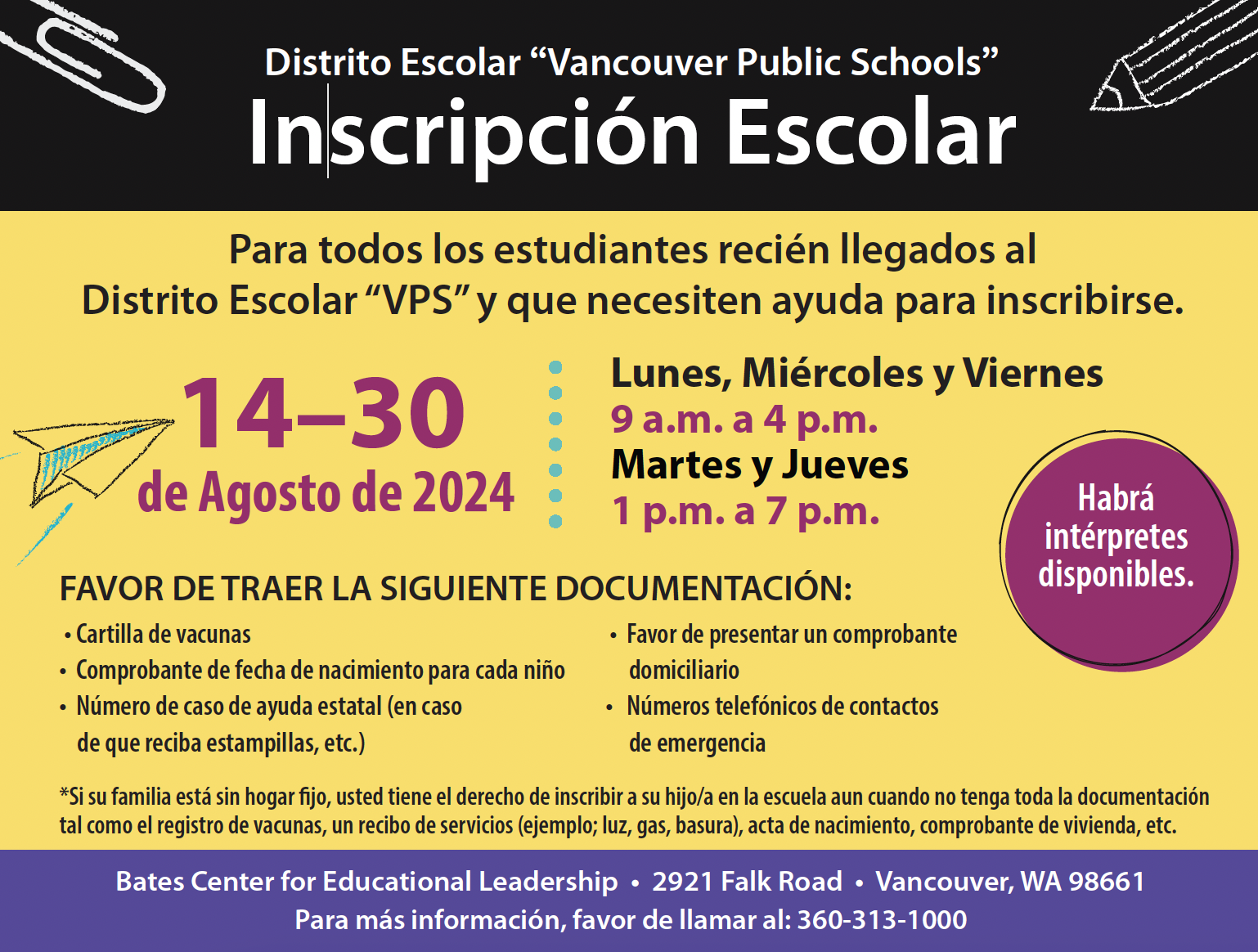 Inscripción Escolar 14–30 de Agosto de 2024