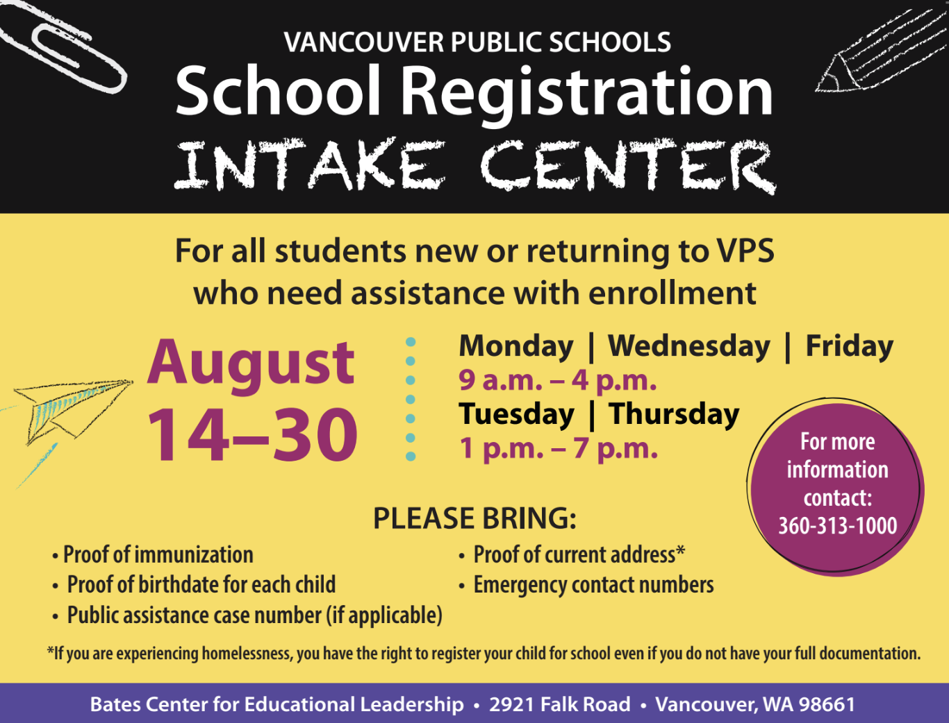 School Registration Intake Center August 14-30