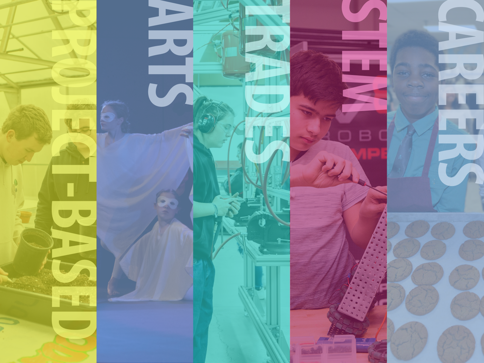 Choices banner for homepage. Project-based, Arts, Trades, STEM and Careers